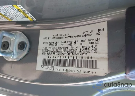 2007 Mitsubishi Eclipse Gs из США, поврежденный, VIN 4A3AK24F07E015455